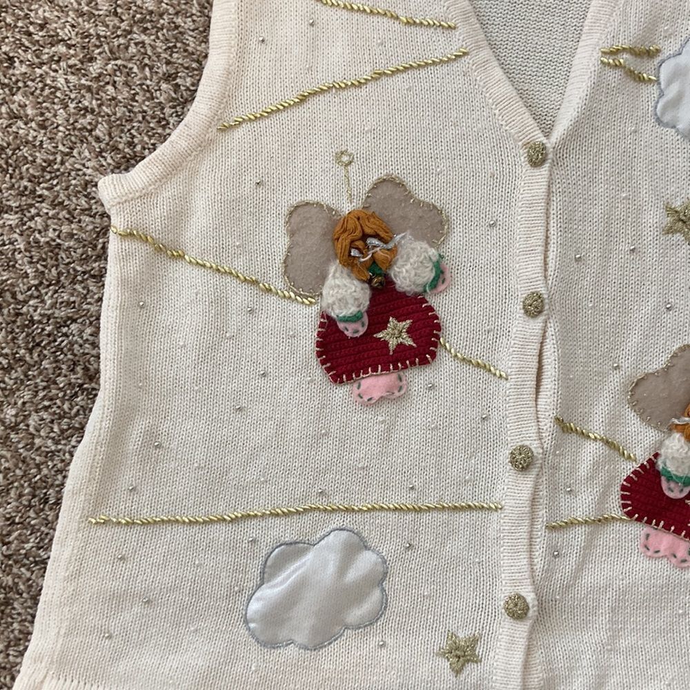 Bobbie Brooks Vintage Cream Angel Cloud Sweater Vest Large - Picture 7 of 13